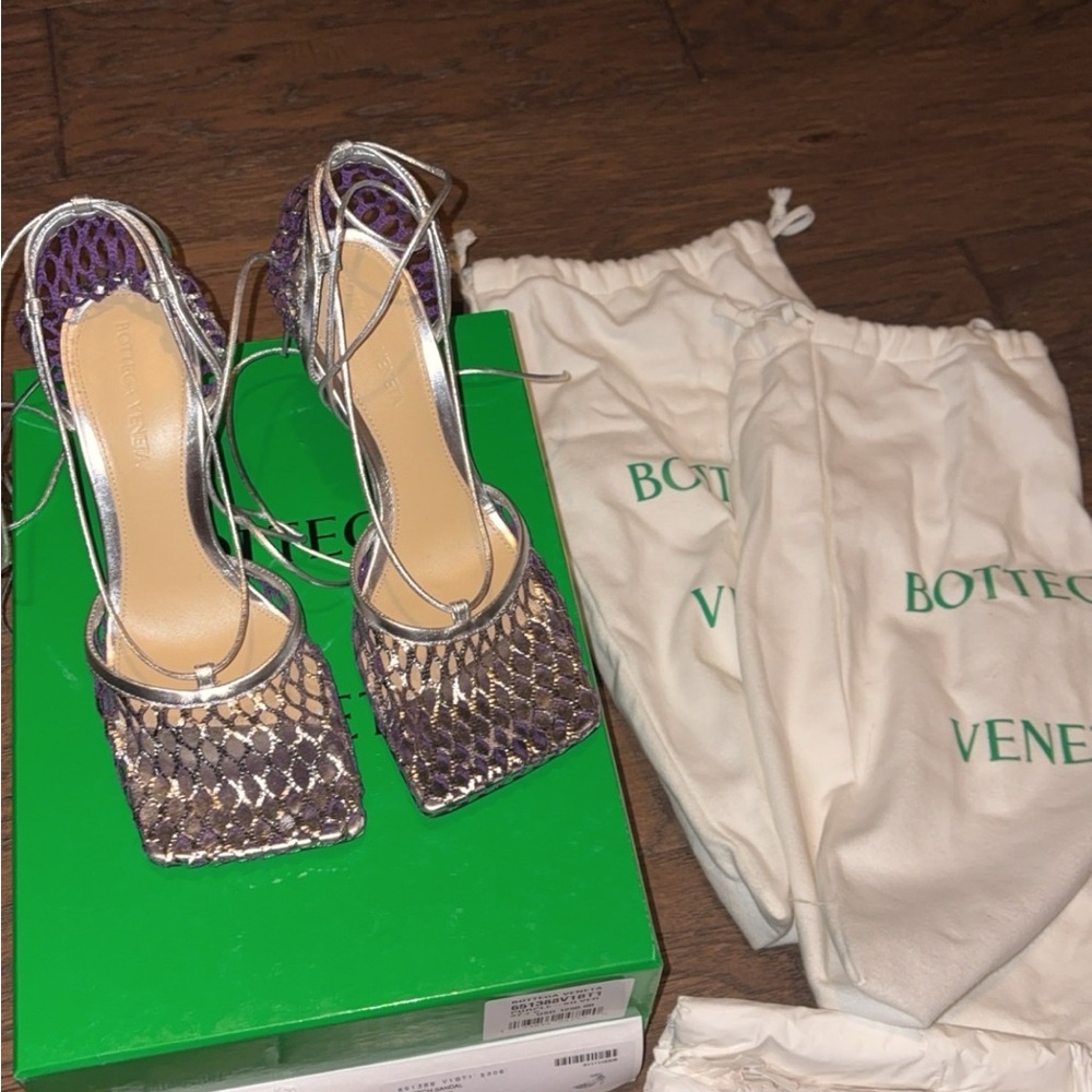 Bottega Veneta Purple and Silver Mesh Heels